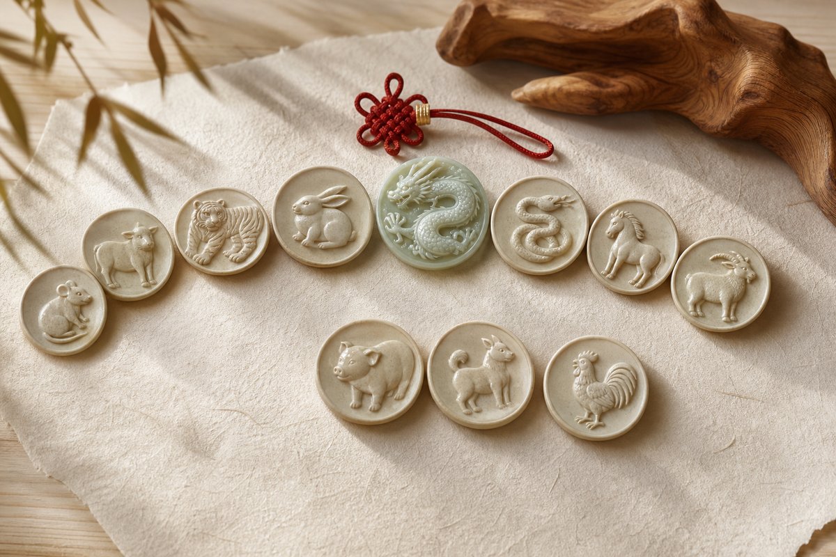Twelve unmarked ceramic zodiac tokens arranged in a soft arc with a jade Eastern dragon token emphasized