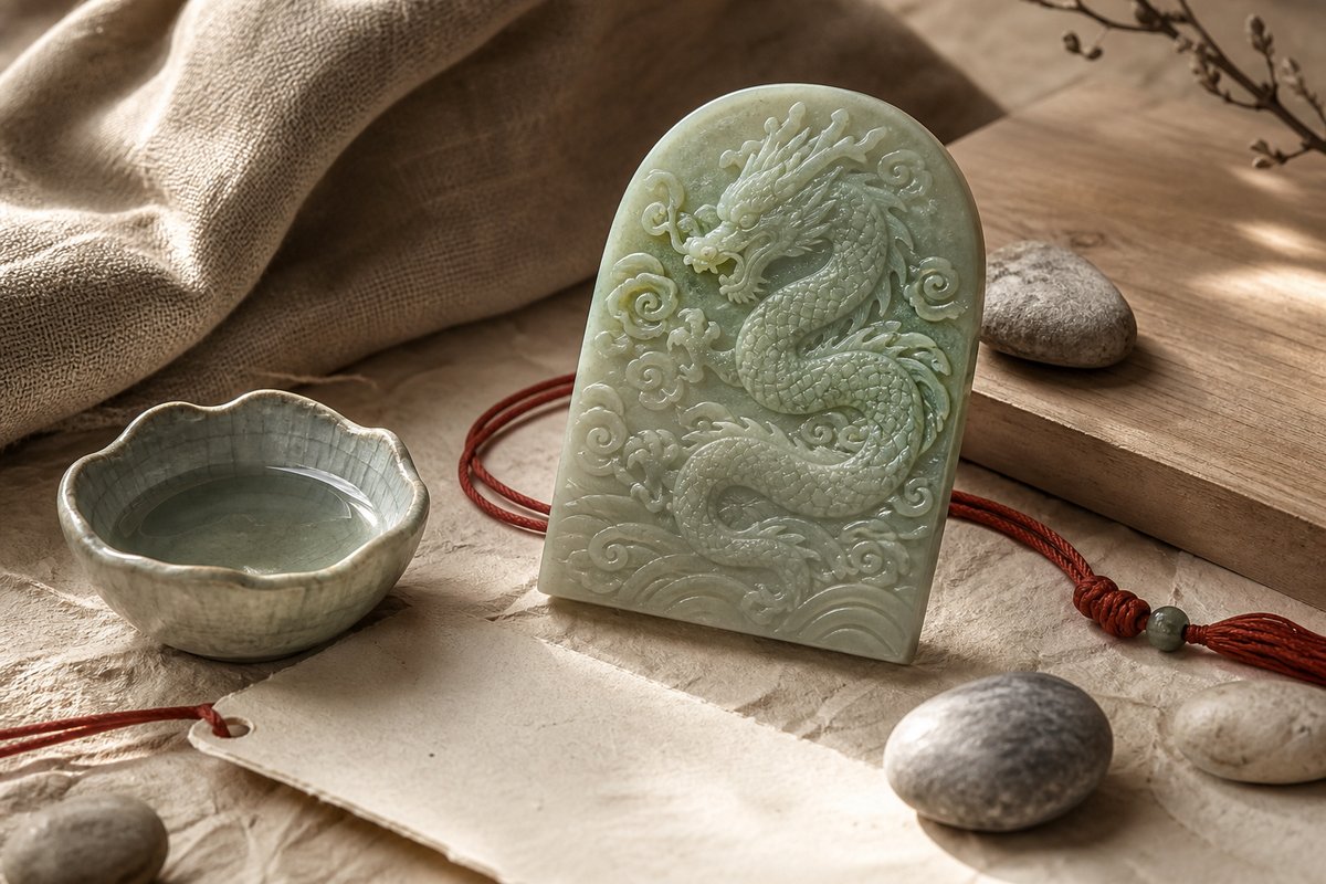 Carved jade Eastern dragon plaque with ceramic rain bowl, blank paper card, red cord, and stone markers
