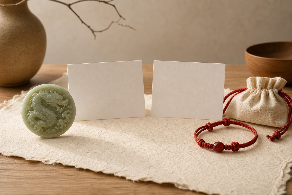 Two blank handmade paper cards separating a jade Eastern dragon zodiac token from a red cord bracelet and cream pouch