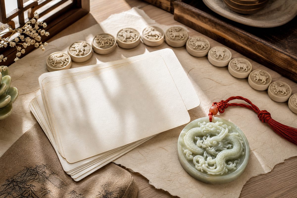 Blank cream calendar cards with a jade Eastern dragon token, red cord, and unmarked round zodiac markers