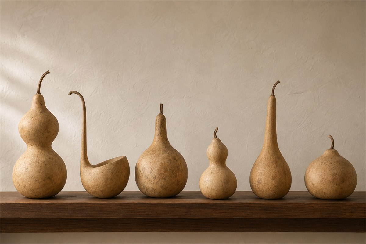 Six dried bottle gourds in double-lobed, dipper, rounded, small-waisted, long-necked, and squat forms