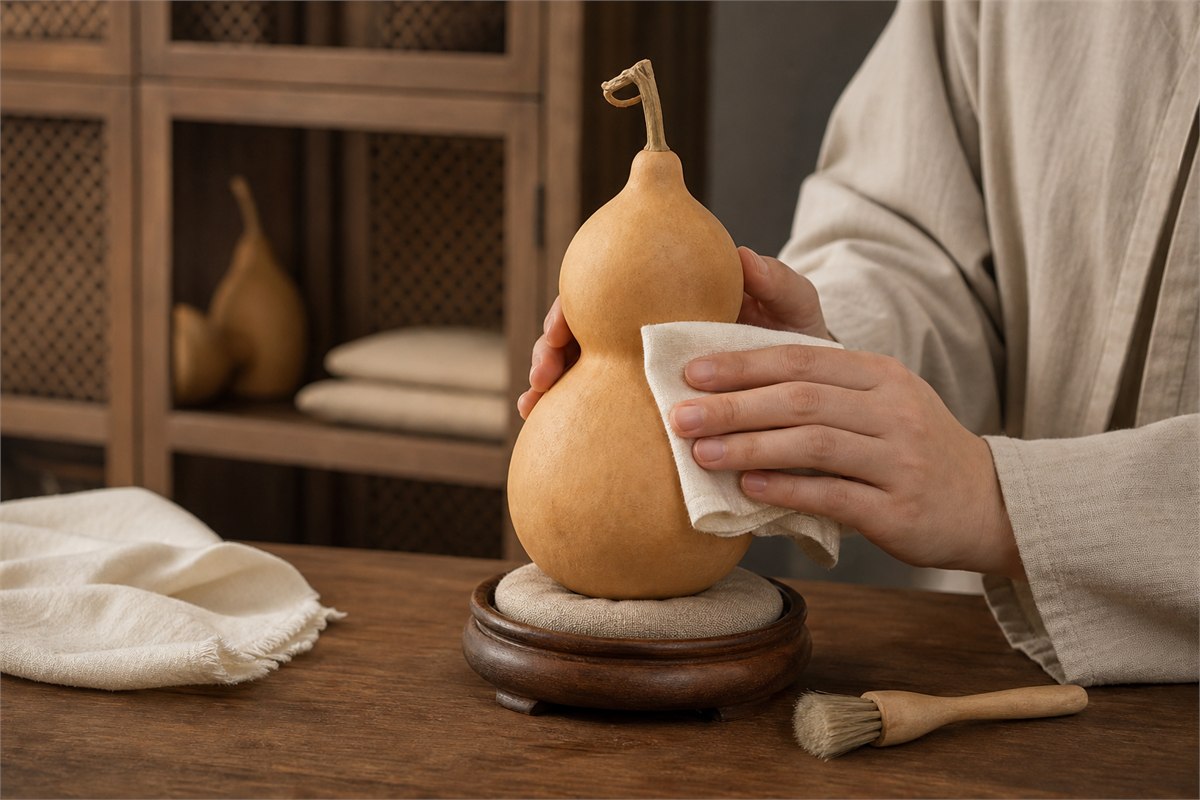 Clean hands using a soft brush and dry cloth to care for an uncoated dried gourd