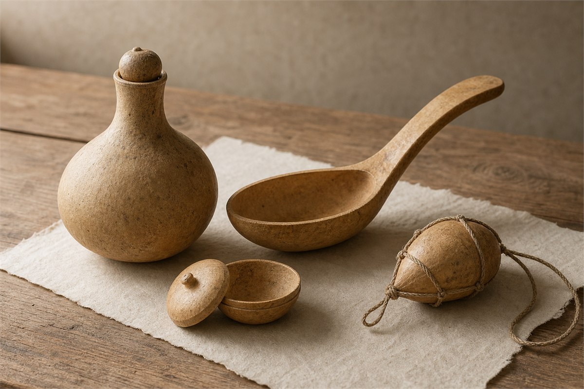 Dried gourd bottle, gourd ladle, small shell container, and corded float arranged on a wood table