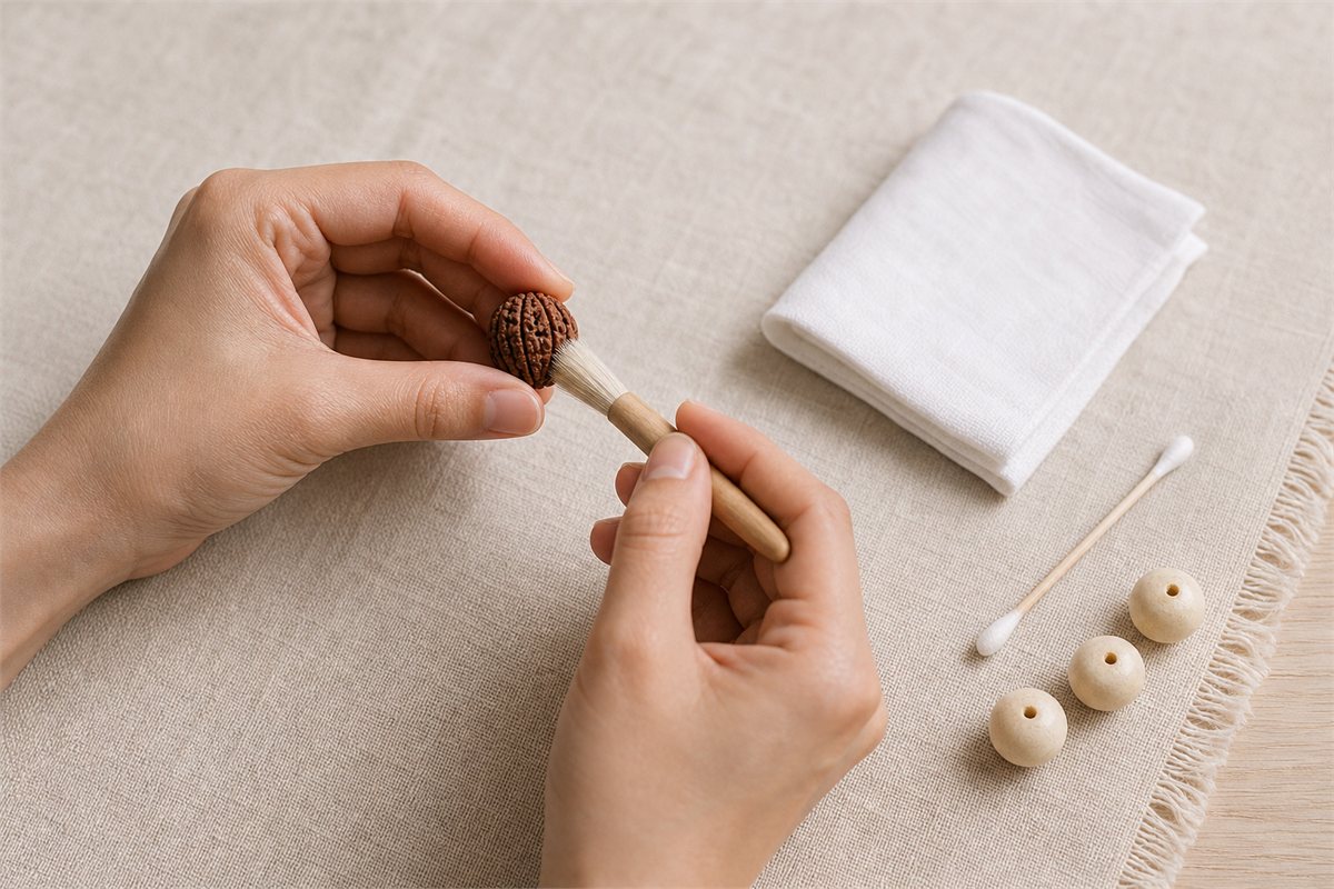 Two hands gently brushing the grooves of a Rudraksha bead beside dry cotton tools