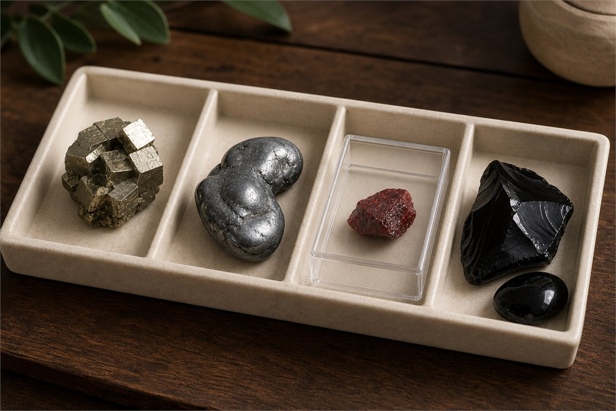 Pyrite, hematite, protected red cinnabar specimen, and black obsidian kept dry in separate tray compartments