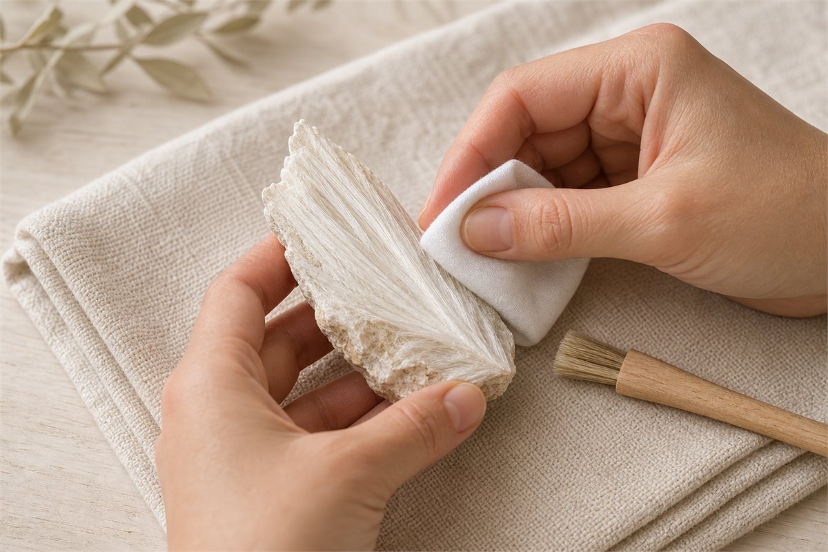 Two hands gently wiping a white fibrous gypsum specimen with a soft dry cloth on a padded towel