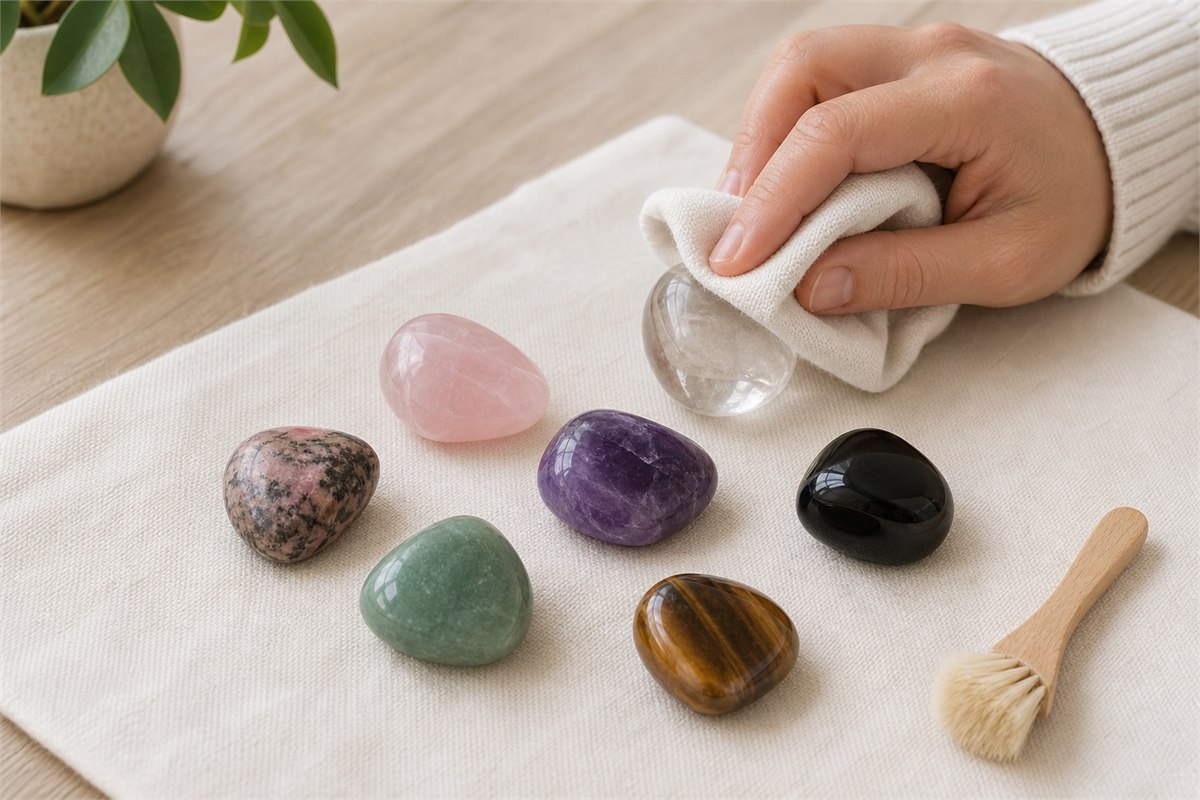 Seven stones on a lint-free cloth being cleaned with a soft brush and dry cloth.