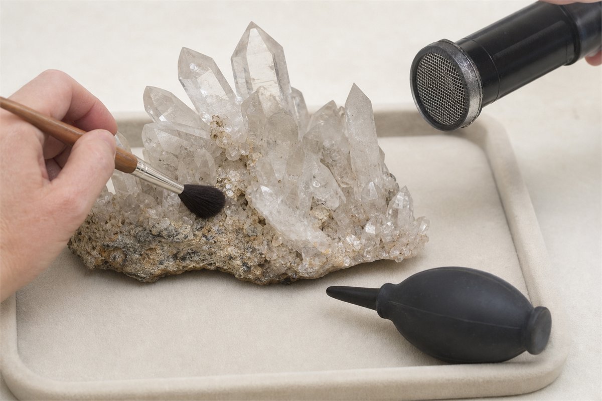 Soft brush, hand blower, and distant low-suction vacuum with mesh used around a quartz cluster