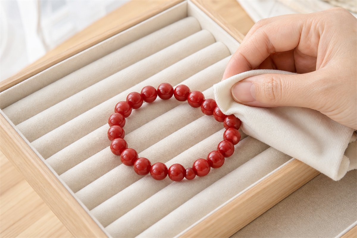 Adult hand gently wiping an intact red bead bracelet with a dry soft cloth