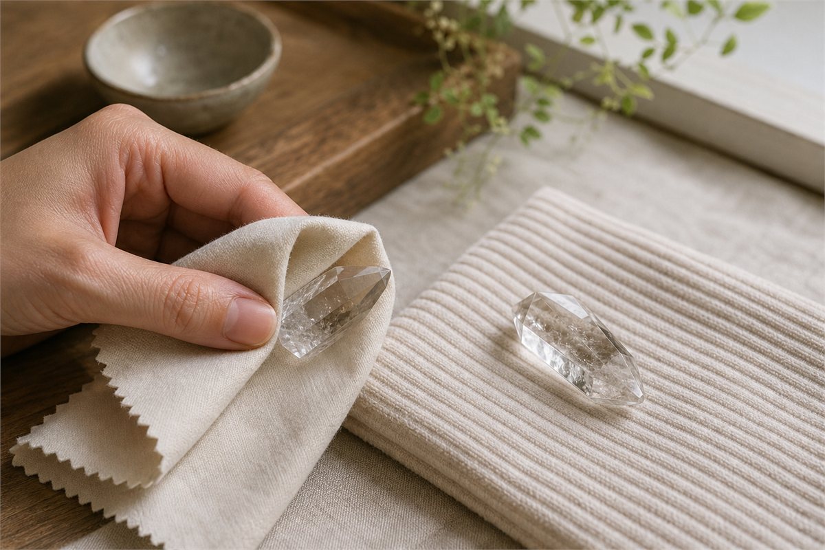 Hand blotting clear quartz with a lint-free cloth beside another quartz piece resting on a dry ridged towel in shade