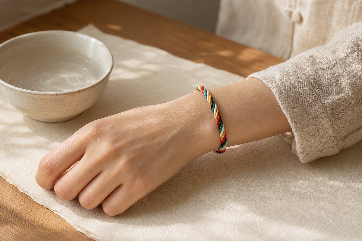 Five color cord bracelet worn on a wrist beside a small ceramic bowl of water