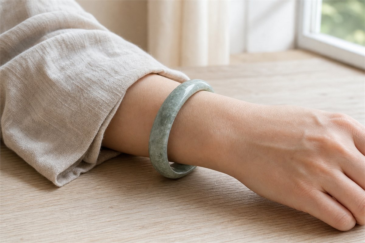 Single gray-green granular quartzite bangle worn on a wrist beside an oatmeal linen sleeve