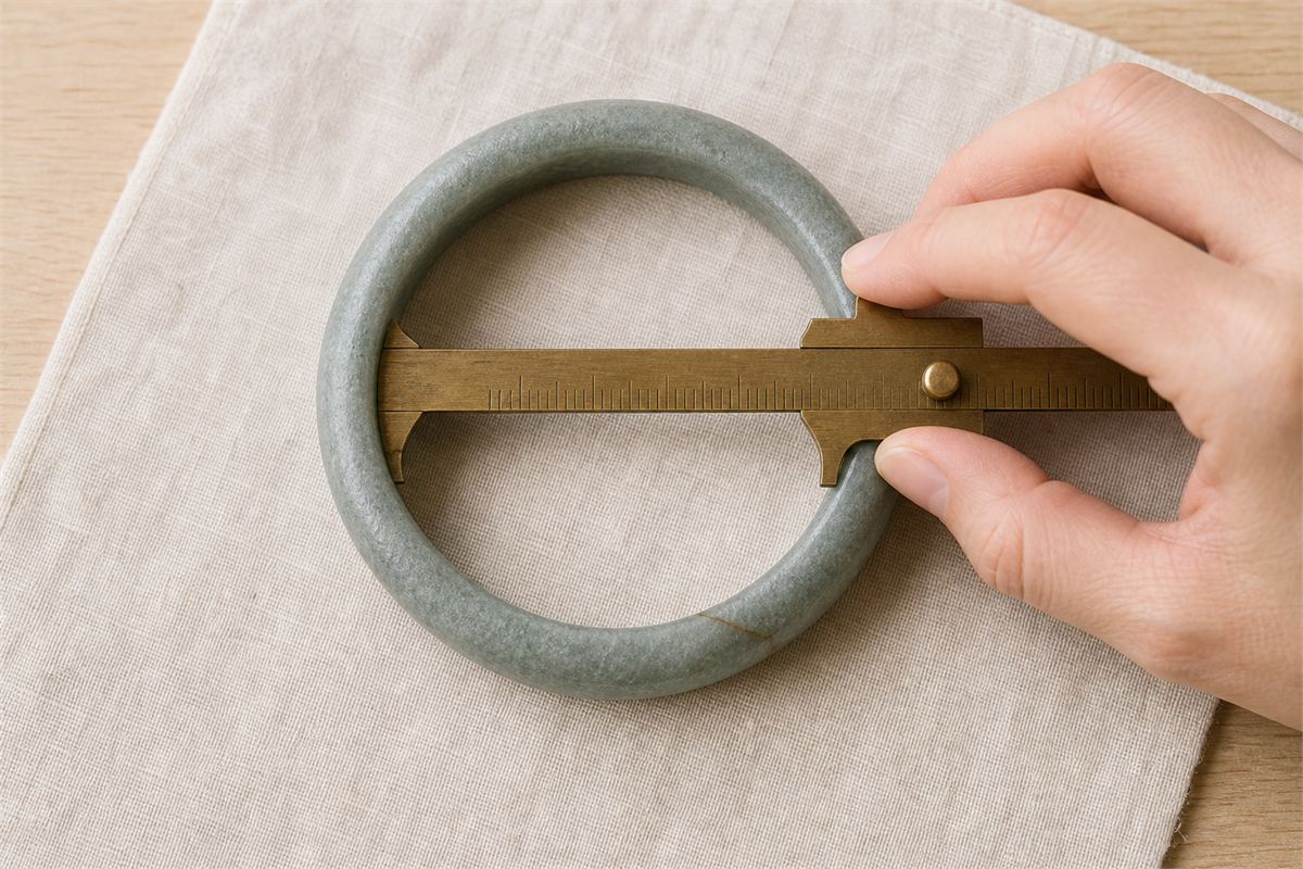 Brass inside caliper measuring the inner diameter of a gray-green quartzite bangle