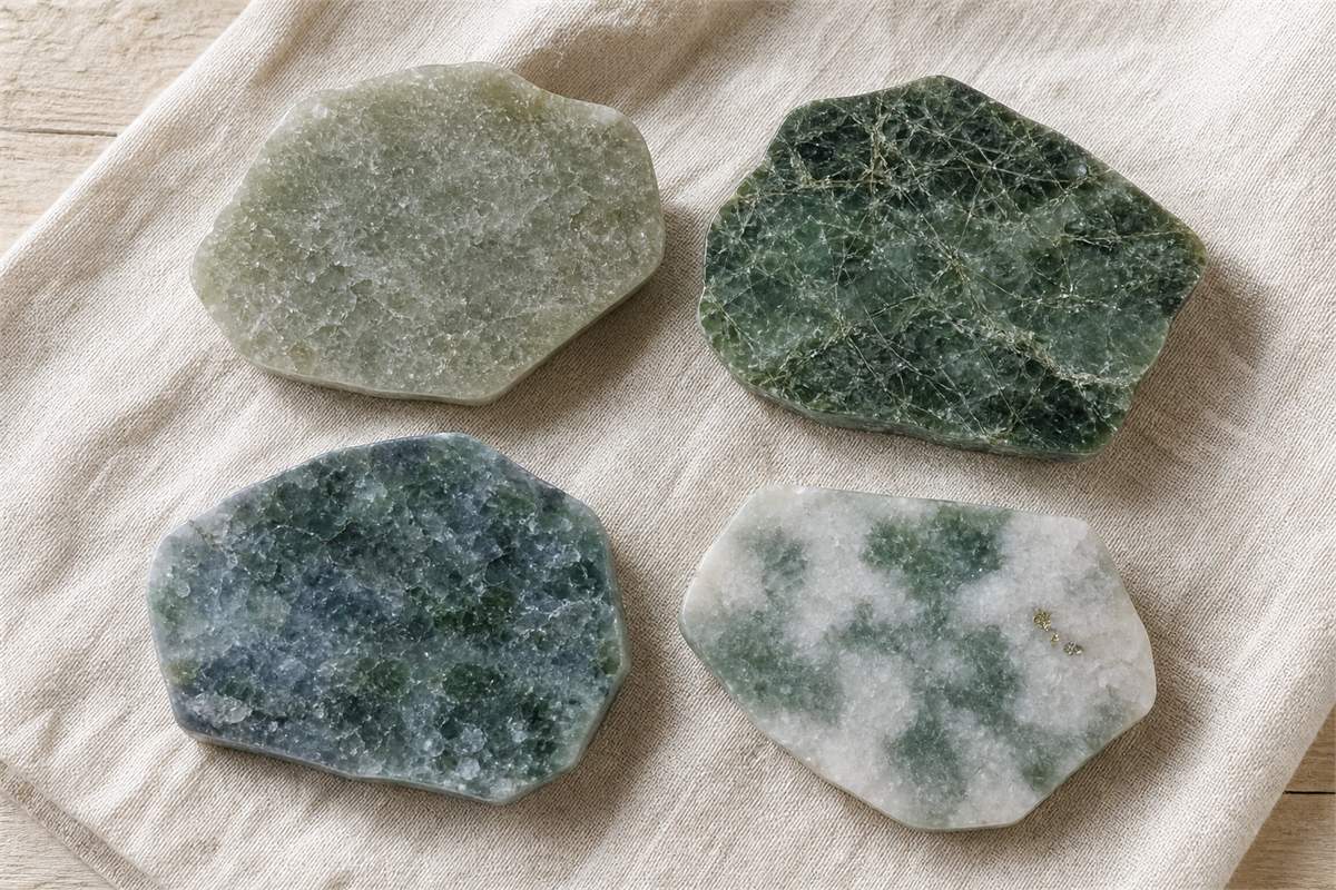 Four polished green quartzite samples in pale gray-green, forest green, blue-gray, and white-green patterns