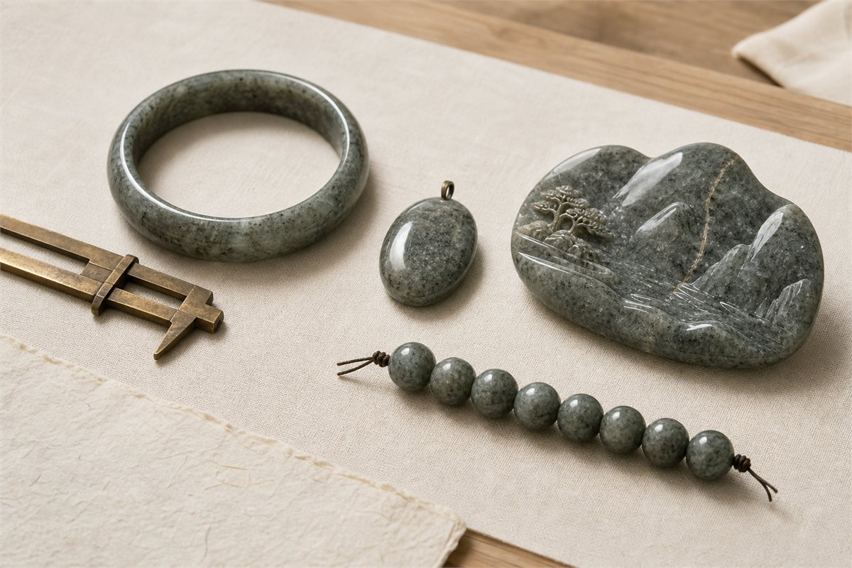 Gray-green quartzite bangle, pendant, eight beads, and landscape carving beside brass calipers