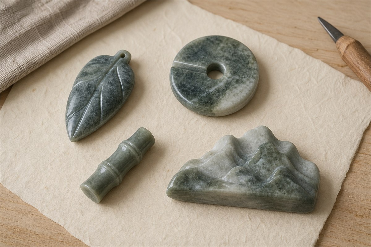Gray-green quartzite leaf pendant, round pendant, bamboo carving, and abstract mountain carving