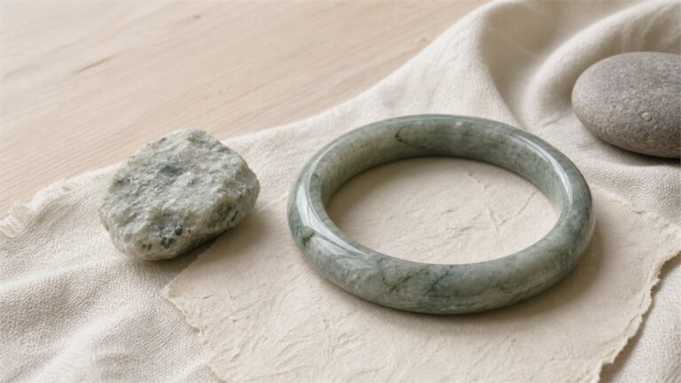 Gray-green Dulong jade quartzite bangle beside a rough granular stone sample on ivory linen