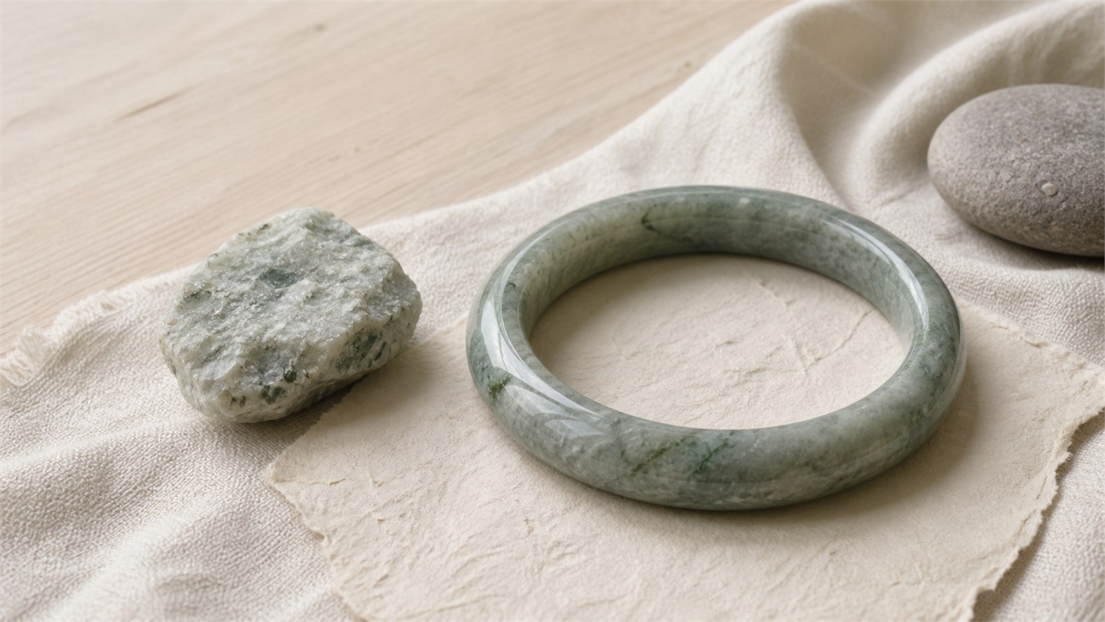 Gray-green Dulong jade quartzite bangle beside a rough granular stone sample on ivory linen