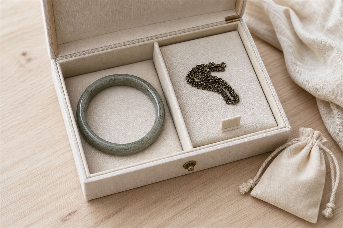 Gray-green quartzite bangle stored alone in a fabric-lined jewelry box beside a separate metal chain and soft pouch