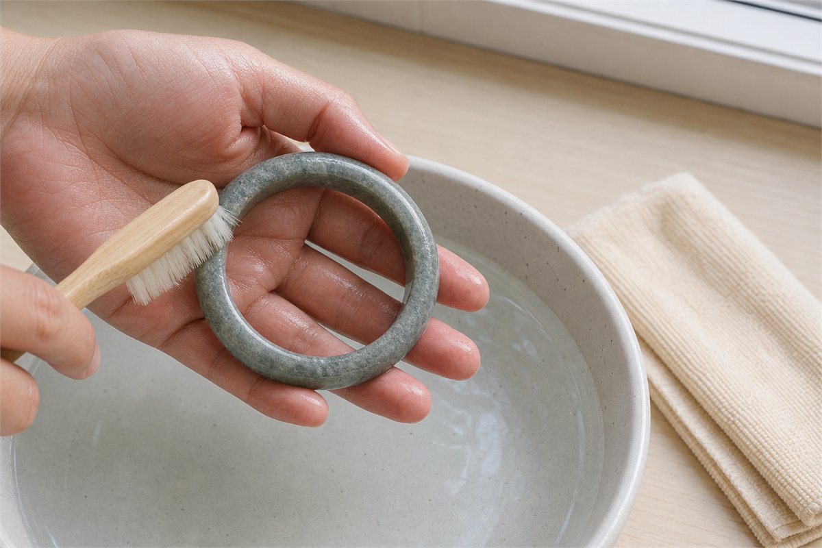 Hand gently cleaning a gray-green quartzite bangle with a soft brush over lukewarm water
