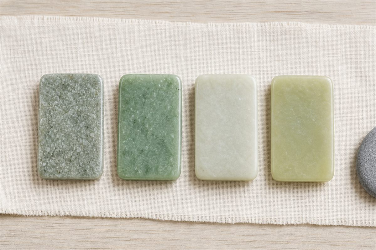 Four polished material samples comparing granular gray-green quartzite, jadeite, pale nephrite, and yellow-green serpentine jade
