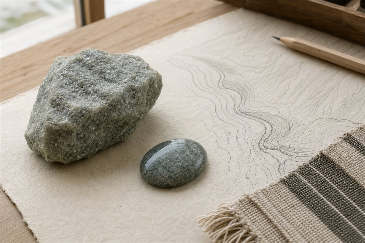 Rough and polished gray-green quartzite samples beside a river-valley contour sketch and neutral woven textile