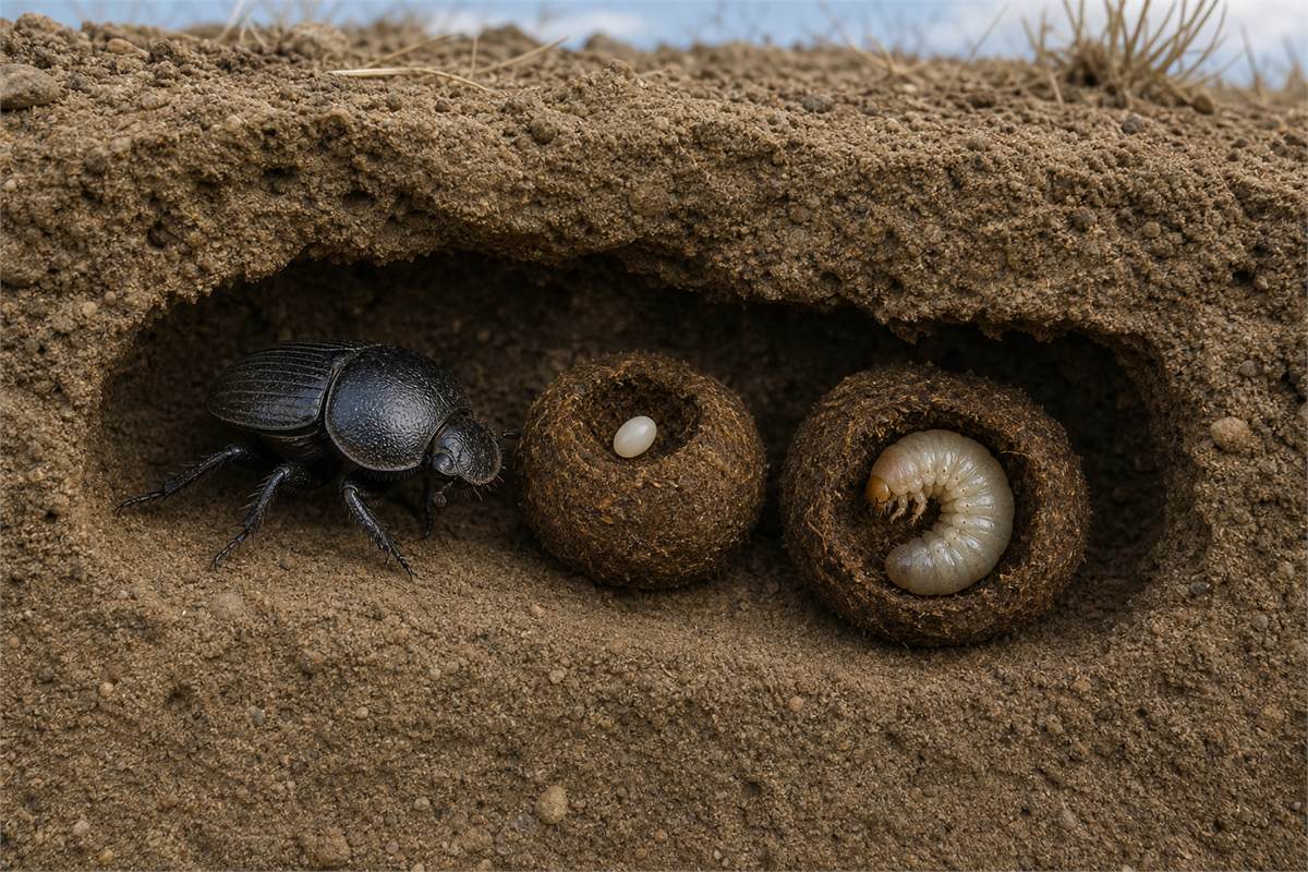 Soil cutaway with an adult dung beetle, one brood ball containing an egg, and another containing a scarab larva