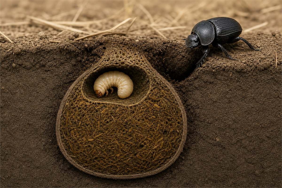 Soil cutaway of a pear-shaped dung beetle brood ball with one larva and an adult beetle nearby.