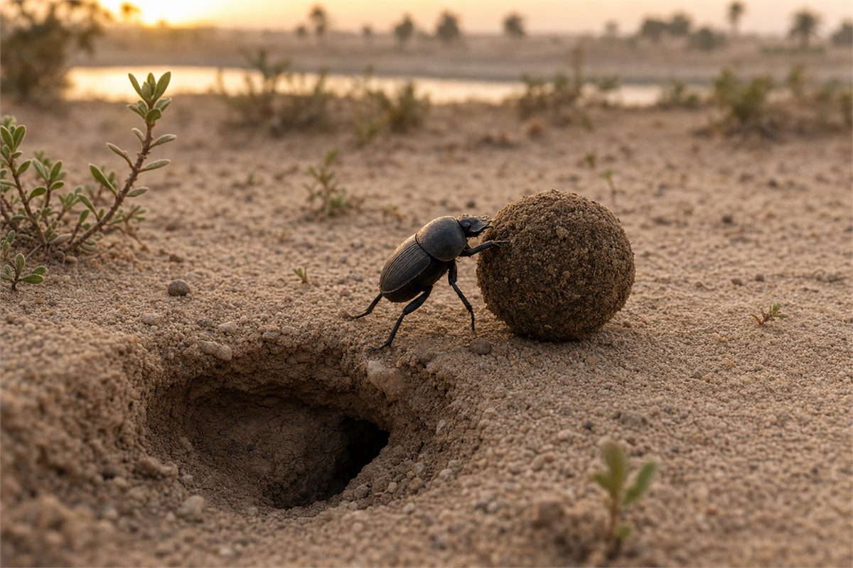 Dung beetle pushing a brood ball across sandy soil near a shallow burrow at sunrise