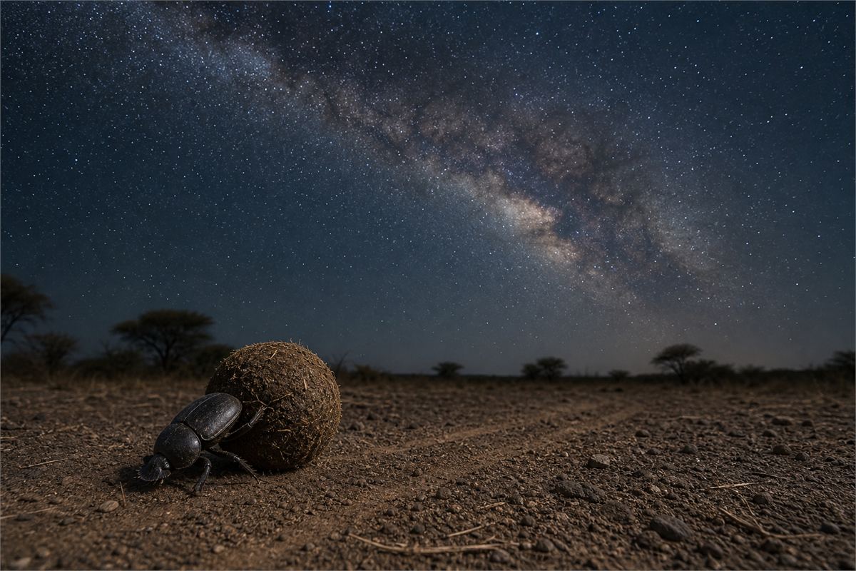 Nocturnal dung beetle moving a ball beneath the broad band of the Milky Way.
