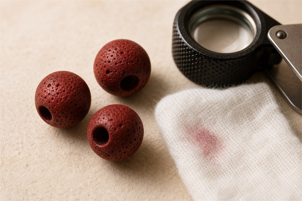 Red dyed Bodhi beads with dark pigment in holes beside a lightly stained white dry cloth