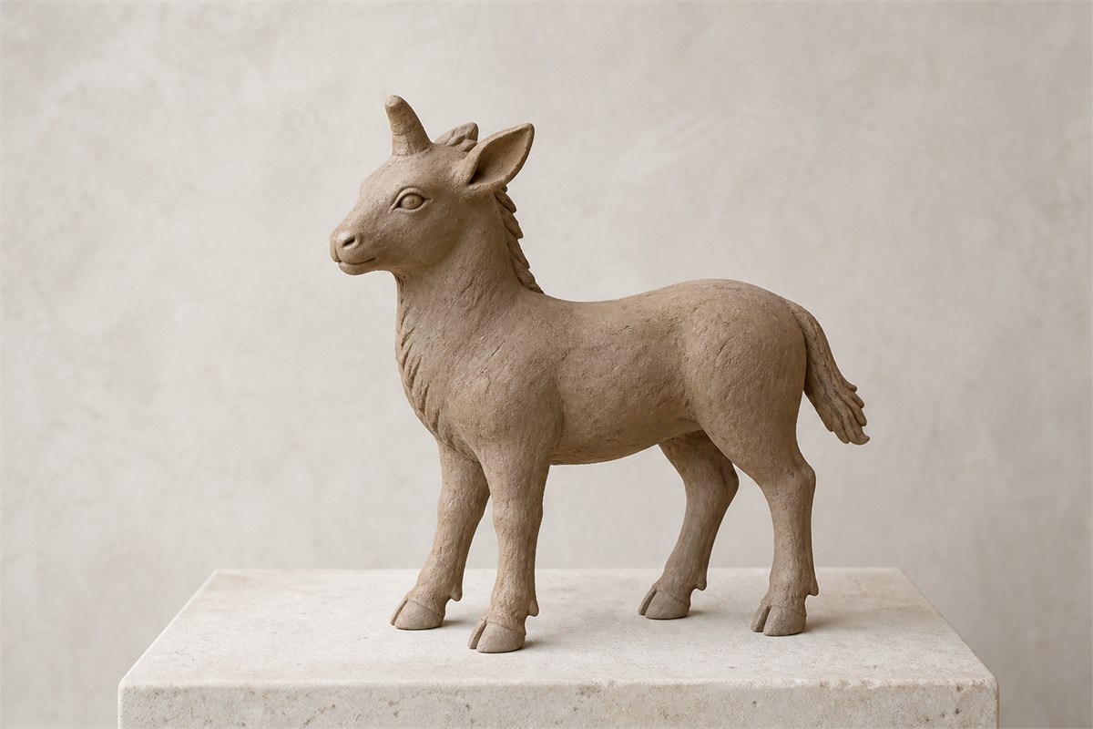 Simple deerlike clay Lin with a short blunt horn and four hooves on a pale plinth
