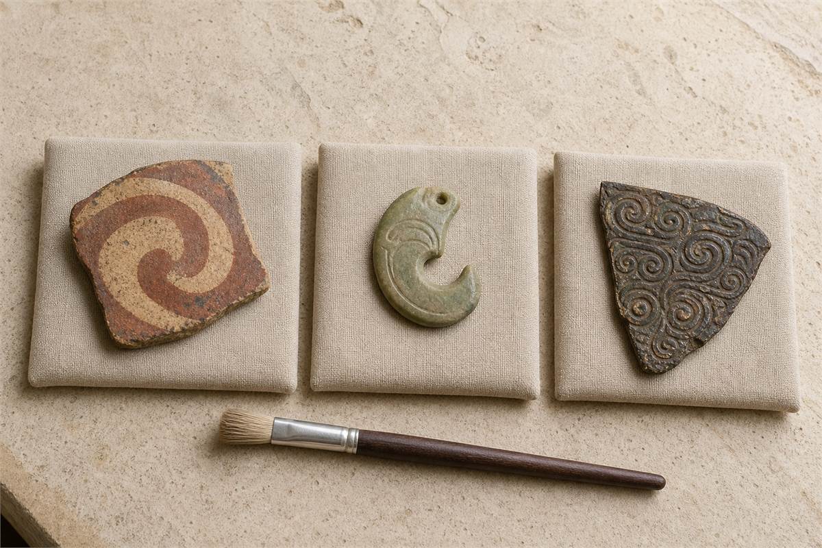Separate pottery, jade, and bronze-style fragments with spiral and hooked designs on linen pads