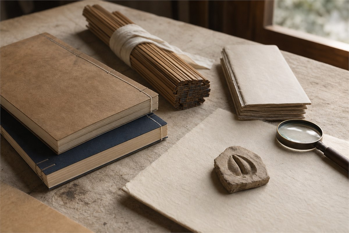 Closed books, bundled bamboo slips, blank paper, magnifying glass, and hoof impression on a study table