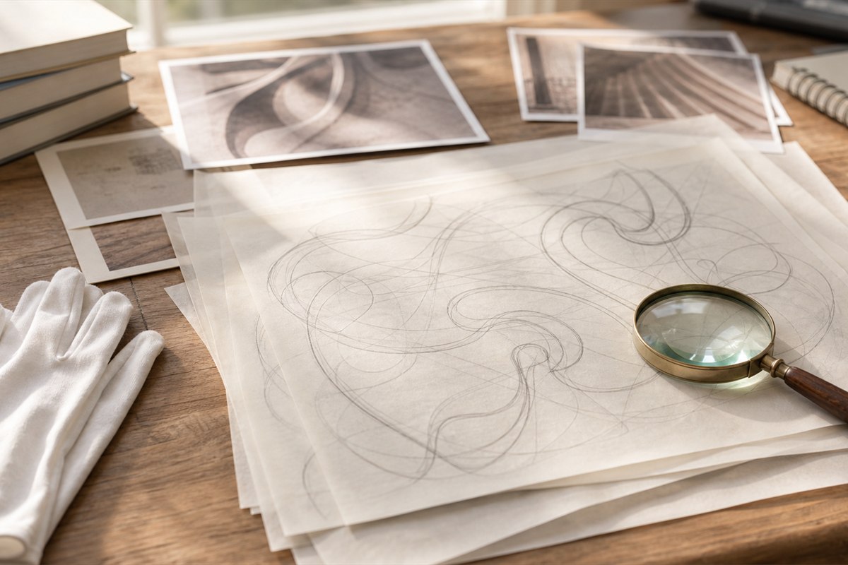 Modern researcher comparing enlarged facsimile tracings under a magnifier