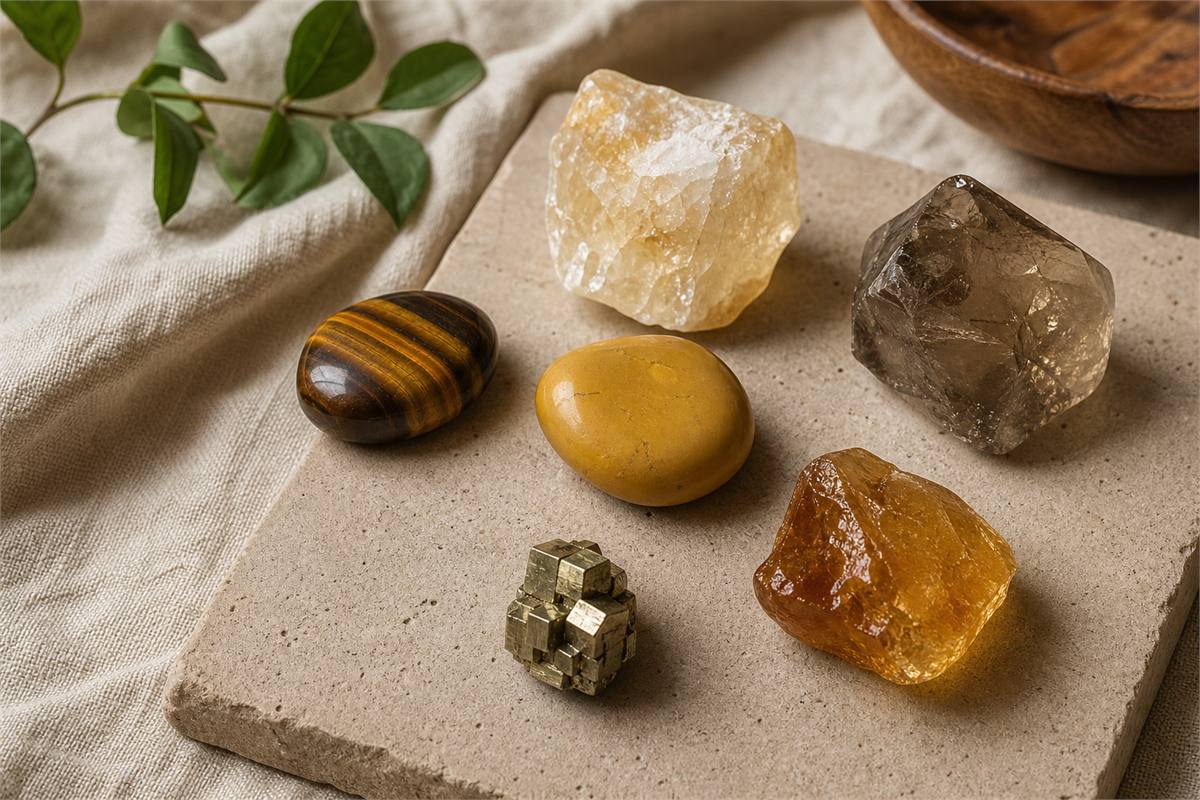 Citrine, tiger's eye, yellow jasper, amber, smoky quartz, and pyrite on ochre ceramic