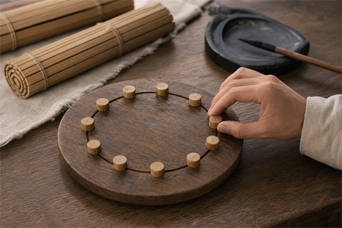 Twelve wooden counters on a circular record-keeping board with one counter being advanced