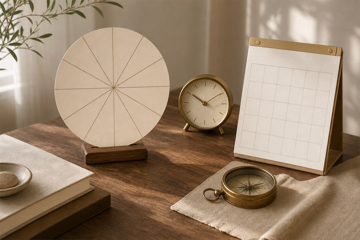 Twelve-part paper wheel beside a clock, calendar grid, and compass
