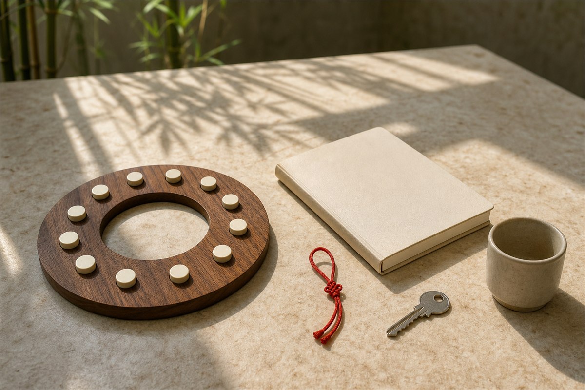 A twelve-position branch model beside everyday keys and a closed notebook