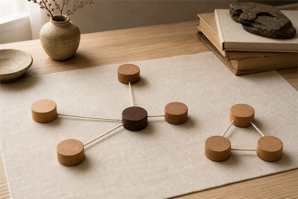 Wooden tokens arranged as a pair, a trio, and separated relationships on ivory linen