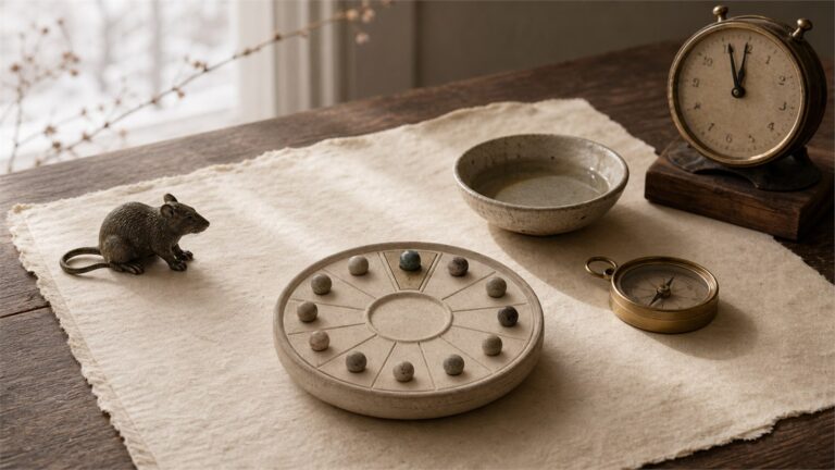 Rat figure, twelve-position ring, compass, water bowl, and midnight clock representing the layers of Earthly Branch Zi