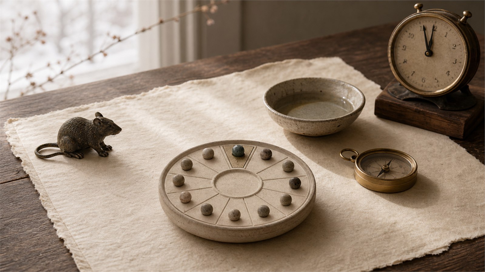 Rat figure, twelve-position ring, compass, water bowl, and midnight clock representing the layers of Earthly Branch Zi