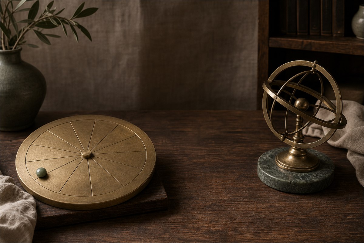 Unlabeled twelve-position brass disk and separate armillary sphere with clear space between them