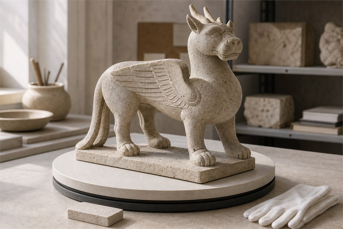 Limestone study reproduction of an Eastern Han-style winged guardian beast in a conservation studio