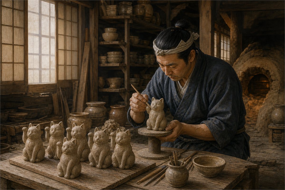 Naturalistic historical illustration of an Edo-era Japanese artisan shaping small ceramic beckoning-cat figures in a wooden workshop