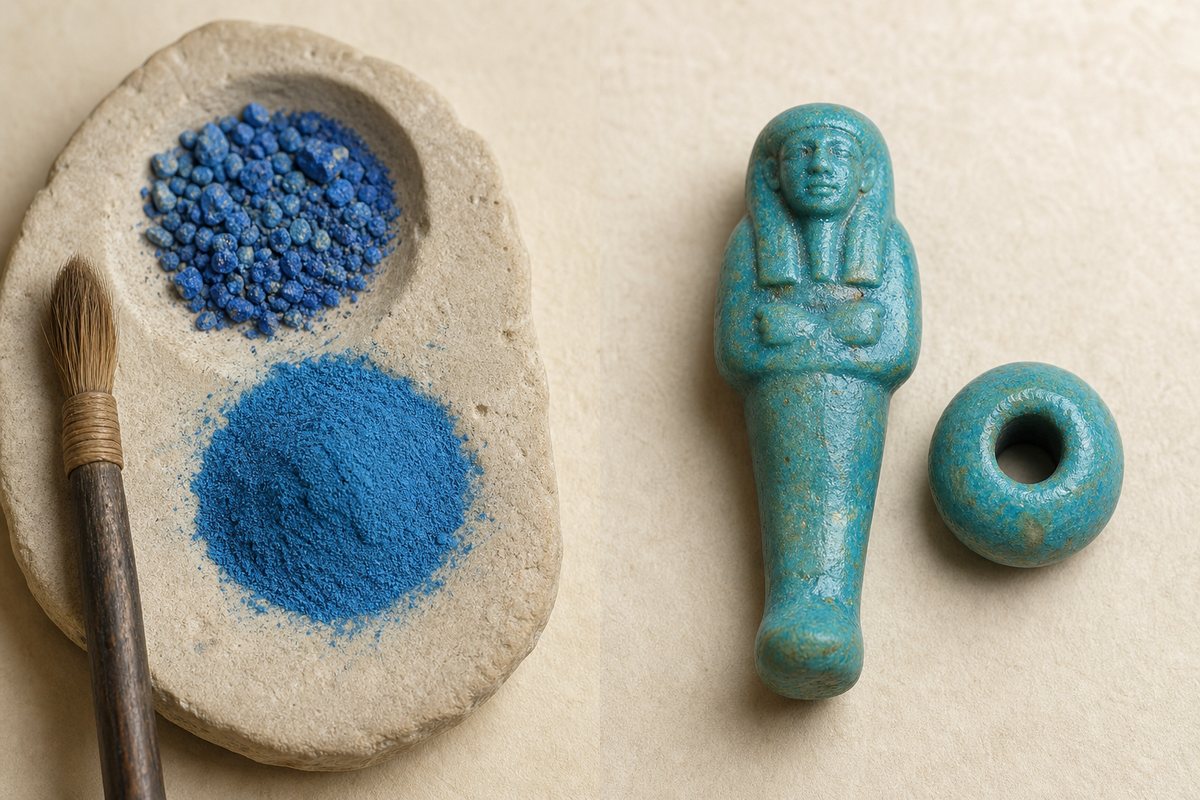 Granular Egyptian blue pigment beside shaped blue-green Egyptian faience objects