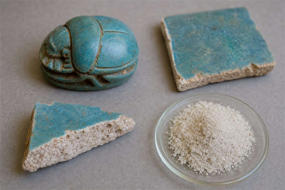 Blue-green faience scarab with broken glazed samples exposing a pale quartz-rich body and a dish of quartz powder