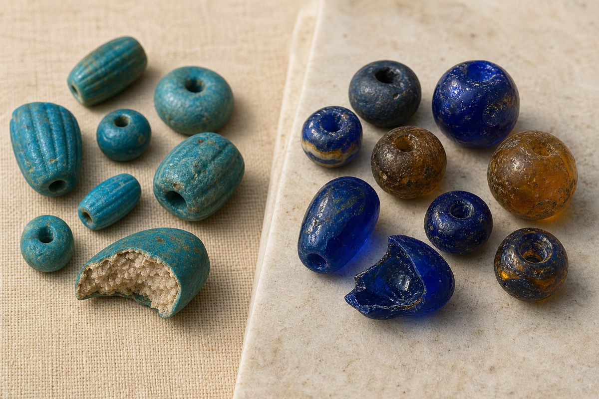 Turquoise Egyptian faience beads with a granular quartz-rich core beside homogeneous dark blue glass beads