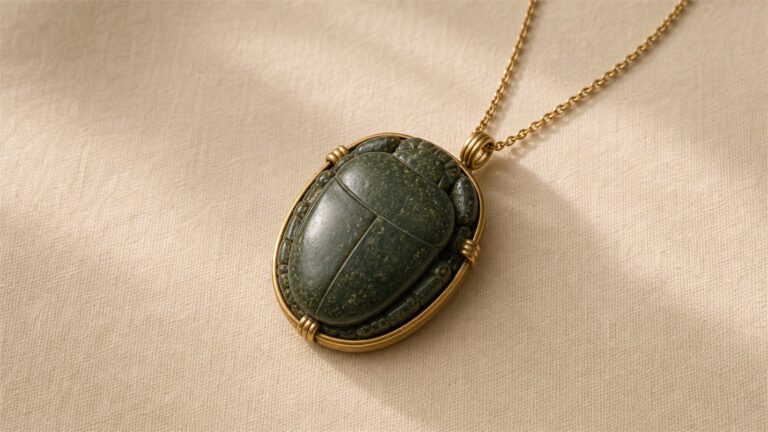 Green serpentinite heart scarab in a gold frame and chain on ivory fabric