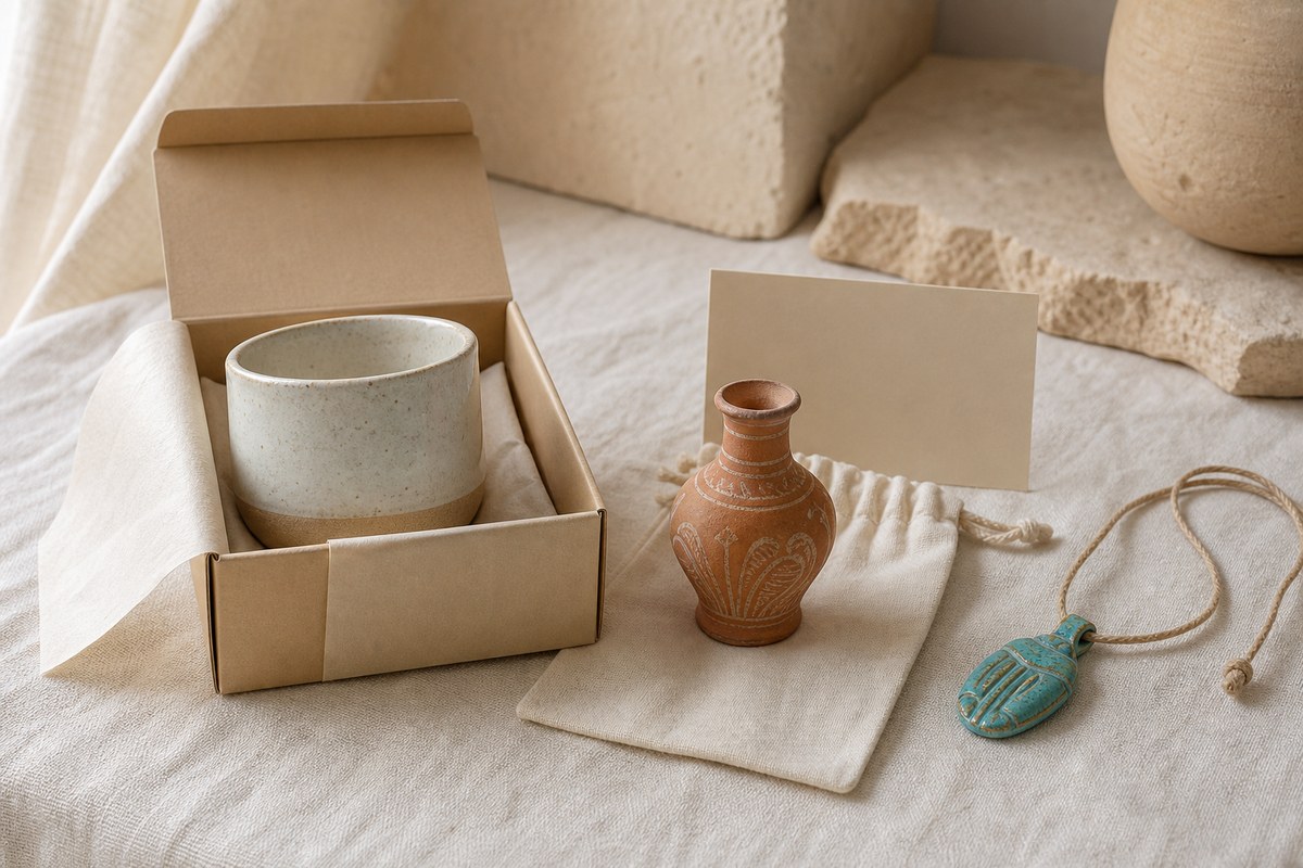 Modern ceramic cup, museum-style pottery reproduction, and faience-inspired bead pendant as separate gift options